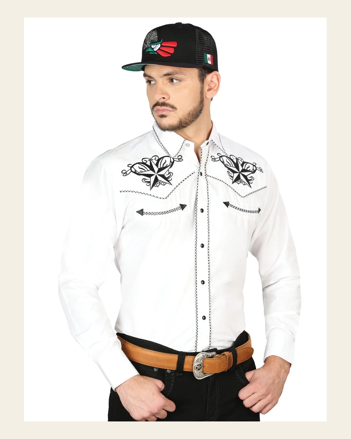 El General Embroidery Western Shirt White/Black 126683 on a warm cream background