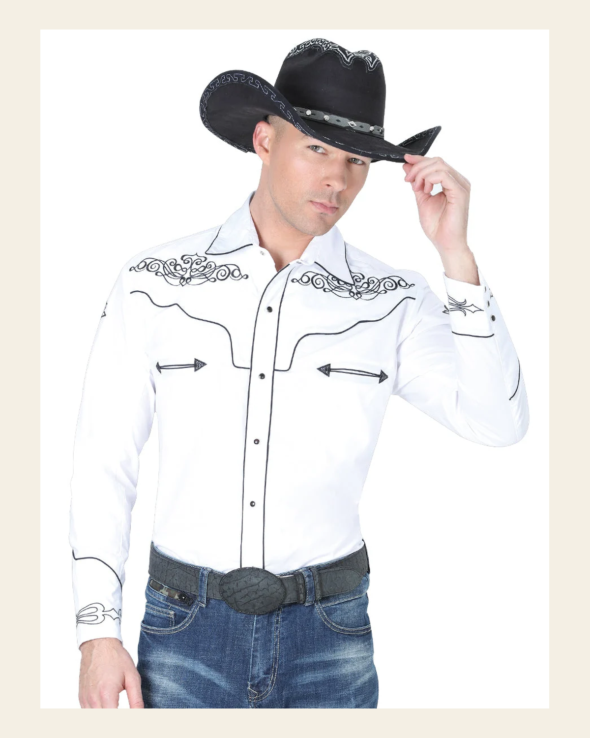 El General Men's Traditional Embroidered Western Charro Shirt White/Black 40984 on a warm cream background