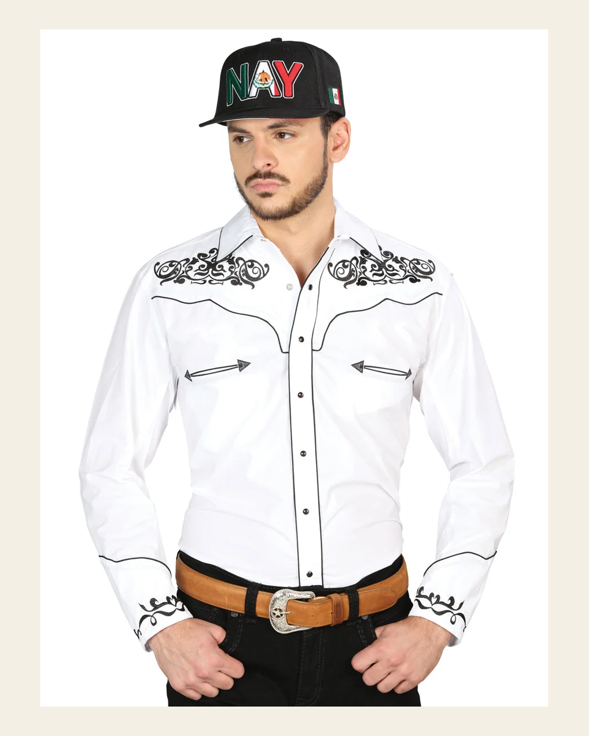 El General Men's Traditional Embroidered Western Charro Shirt White/Black 40988 on a warm cream background