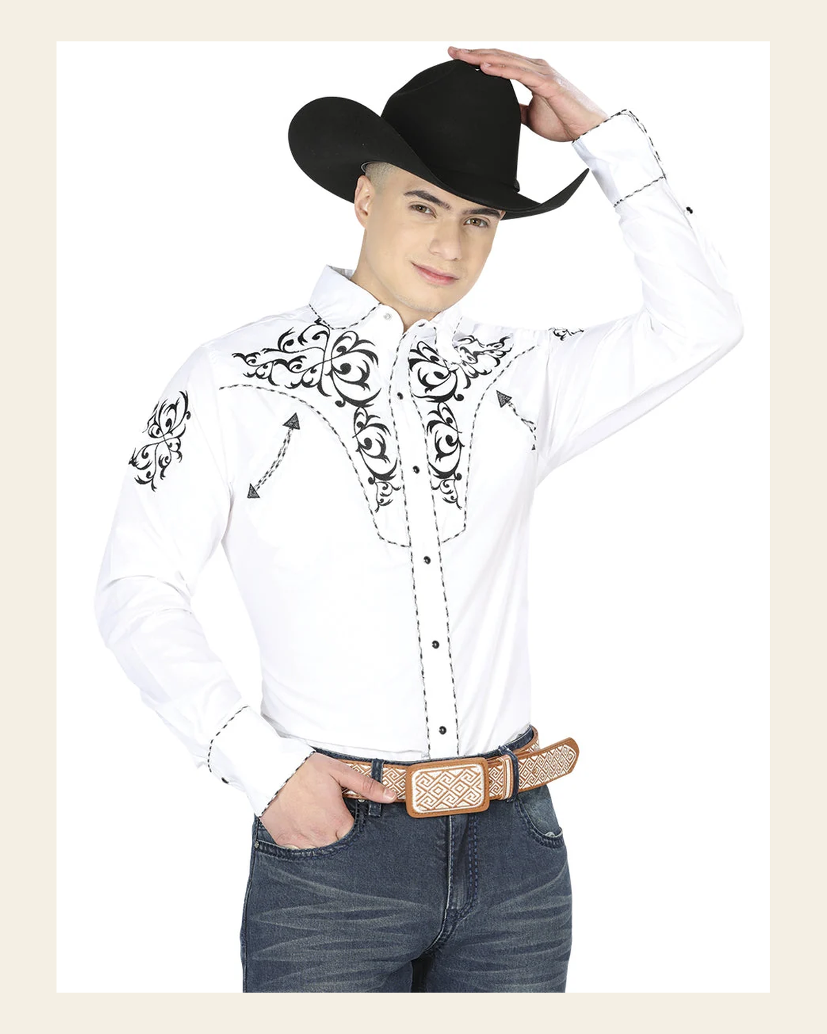 El General Men's Traditional Embroidered Western Charro Shirt White/Black 40991 on a warm cream background