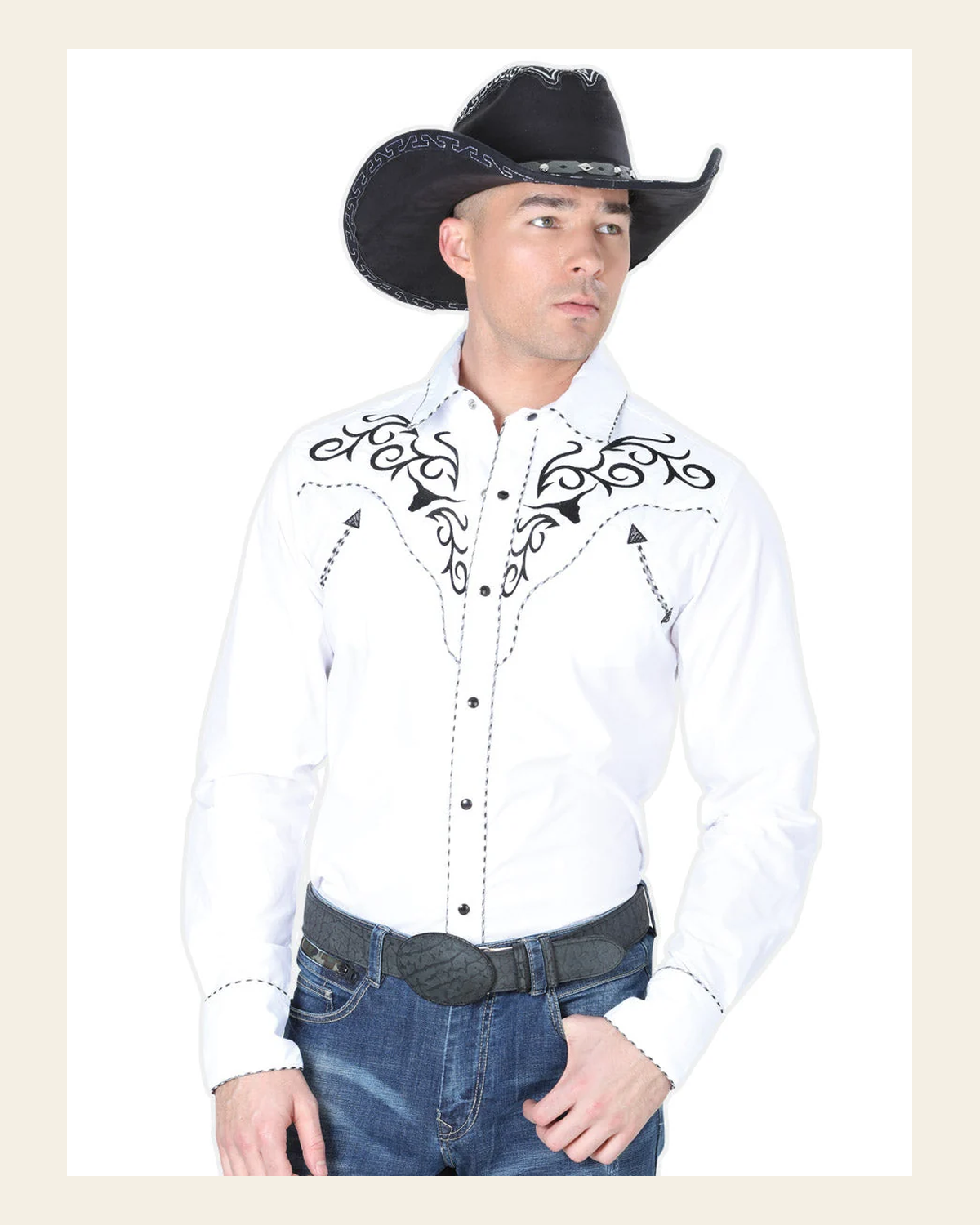 El General Men's Traditional Embroidered Western Charro Shirt White/Black 41004 on a warm cream background