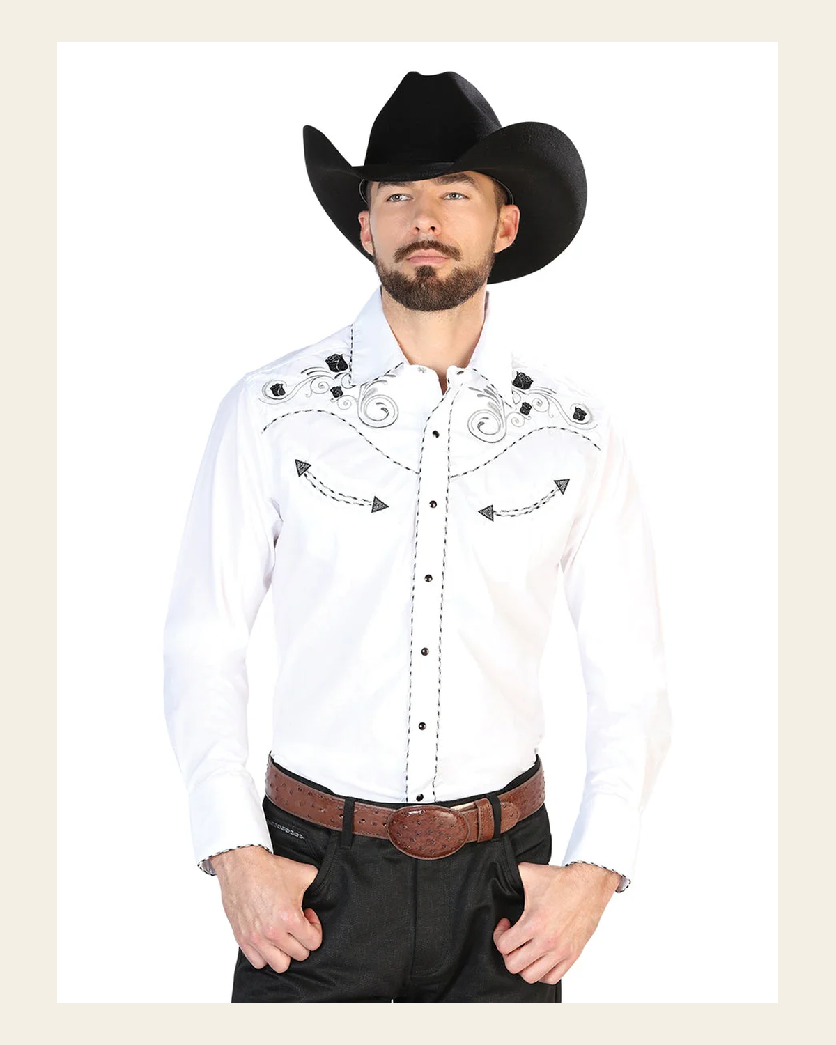 Men's Traditional Embroidered Western Shirt White/Black 42941 on a warm cream background