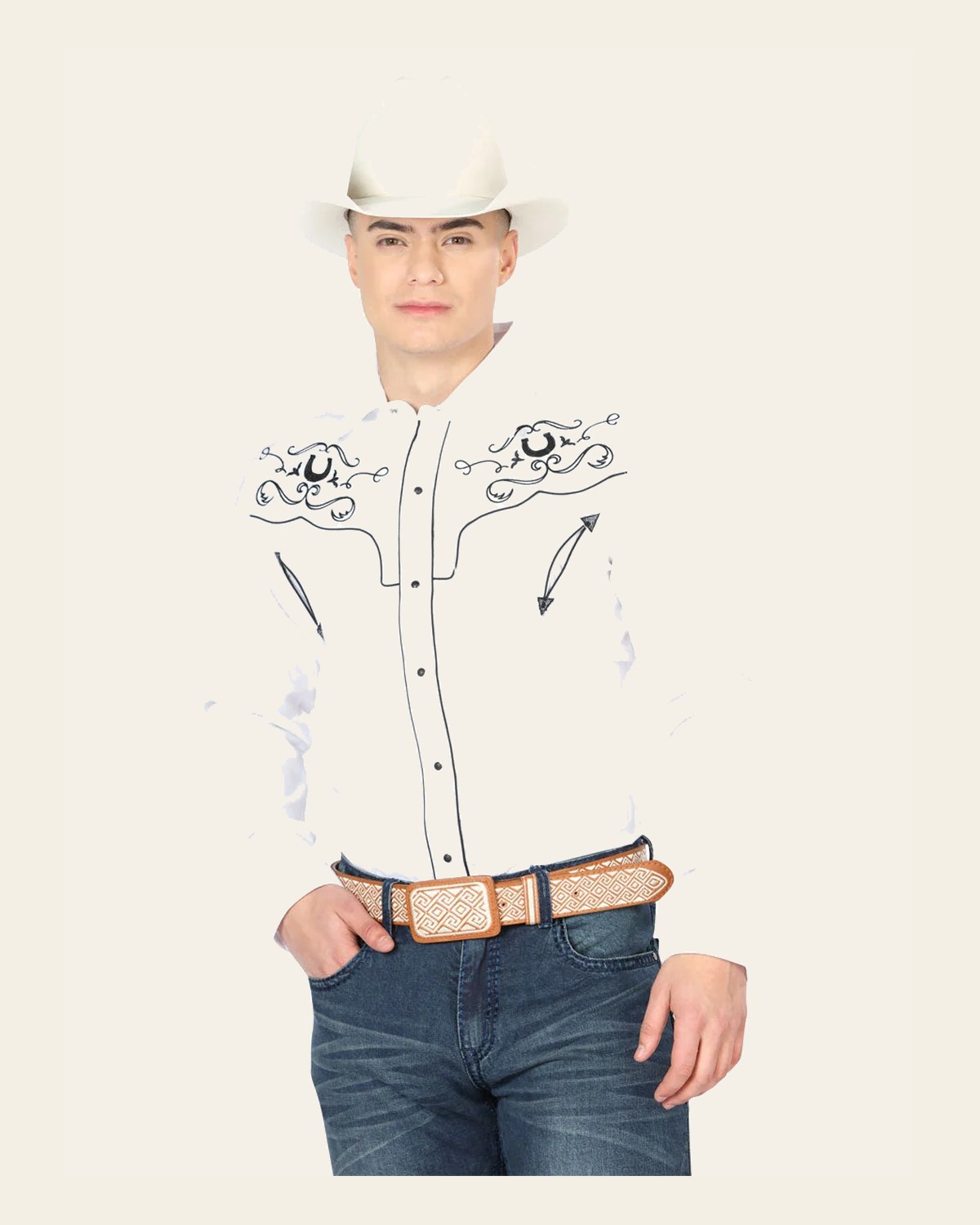 Men's Traditional Embroidered Western Shirt White/Black 42946 on a warm cream background
