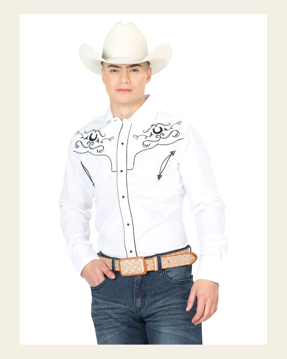 Men's Traditional Embroidered Western Shirt White/Black 42946 on a warm cream background