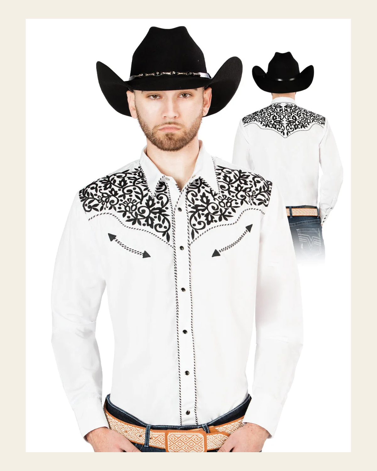 Men's Traditional Embroidered Western Shirt - White/Black 44194 on a warm cream background