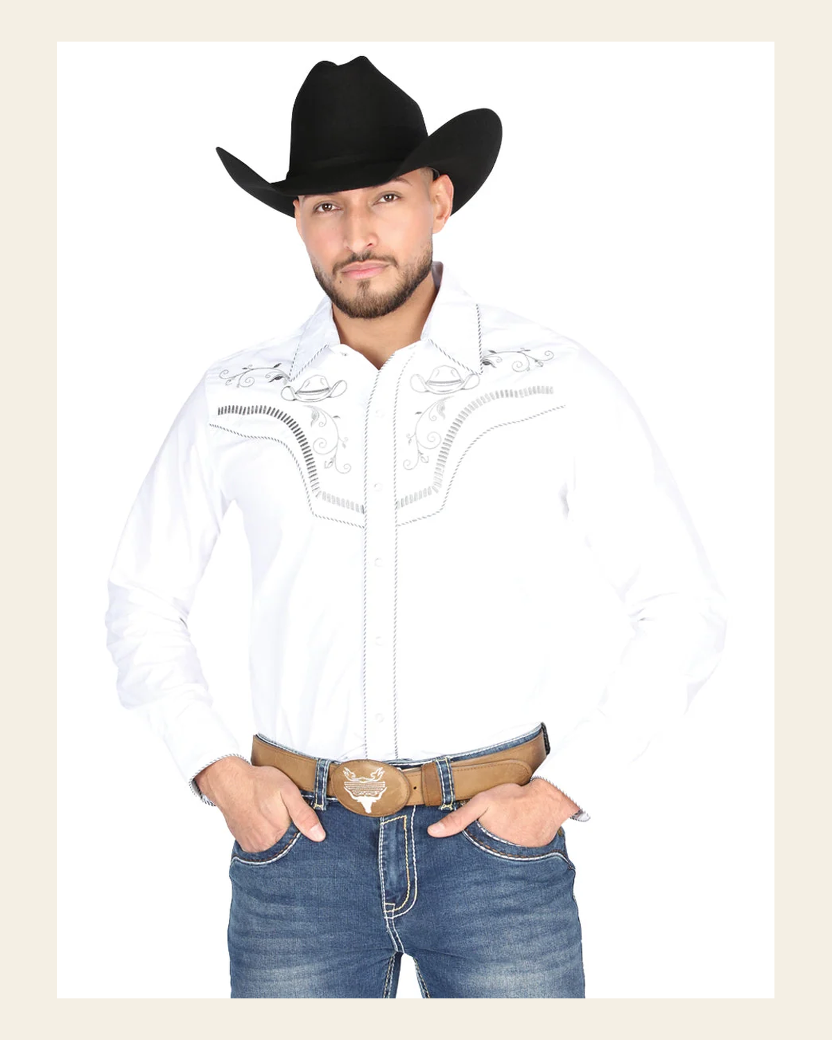 El General Men's Traditional Embroidered Western Charro Shirt - White/Black 44298 on a warm cream background