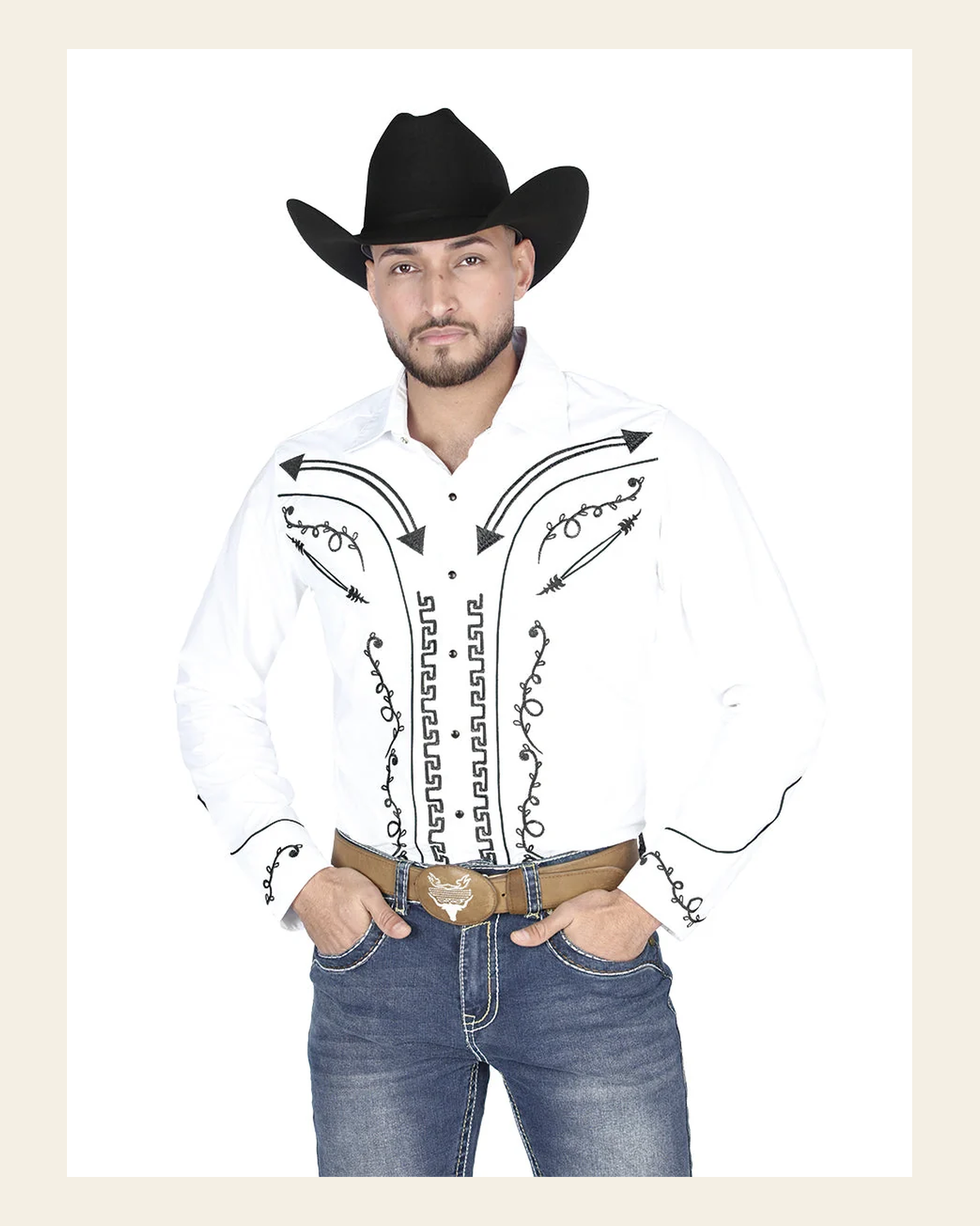 El General Men's Traditional Embroidered Western Charro Shirt - White/Black 44300 on a warm cream background