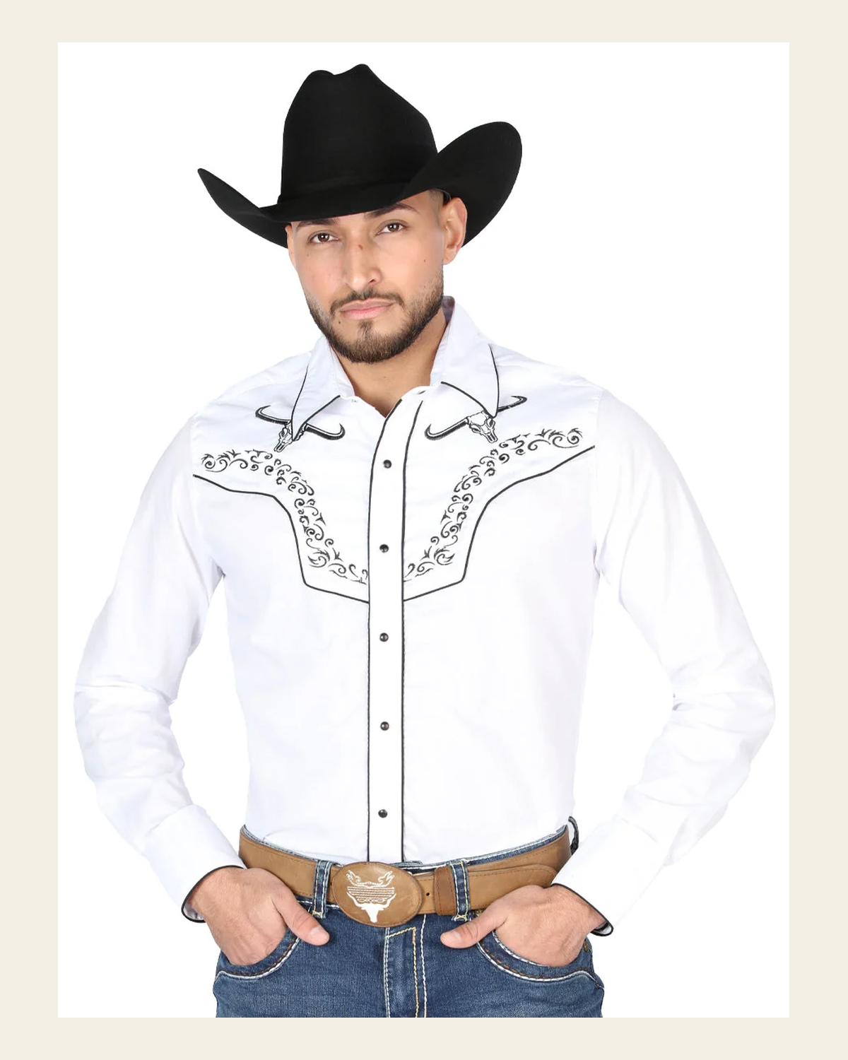El General Men's Traditional Embroidered Western Charro Shirt - White/Black 44302 on a warm cream background