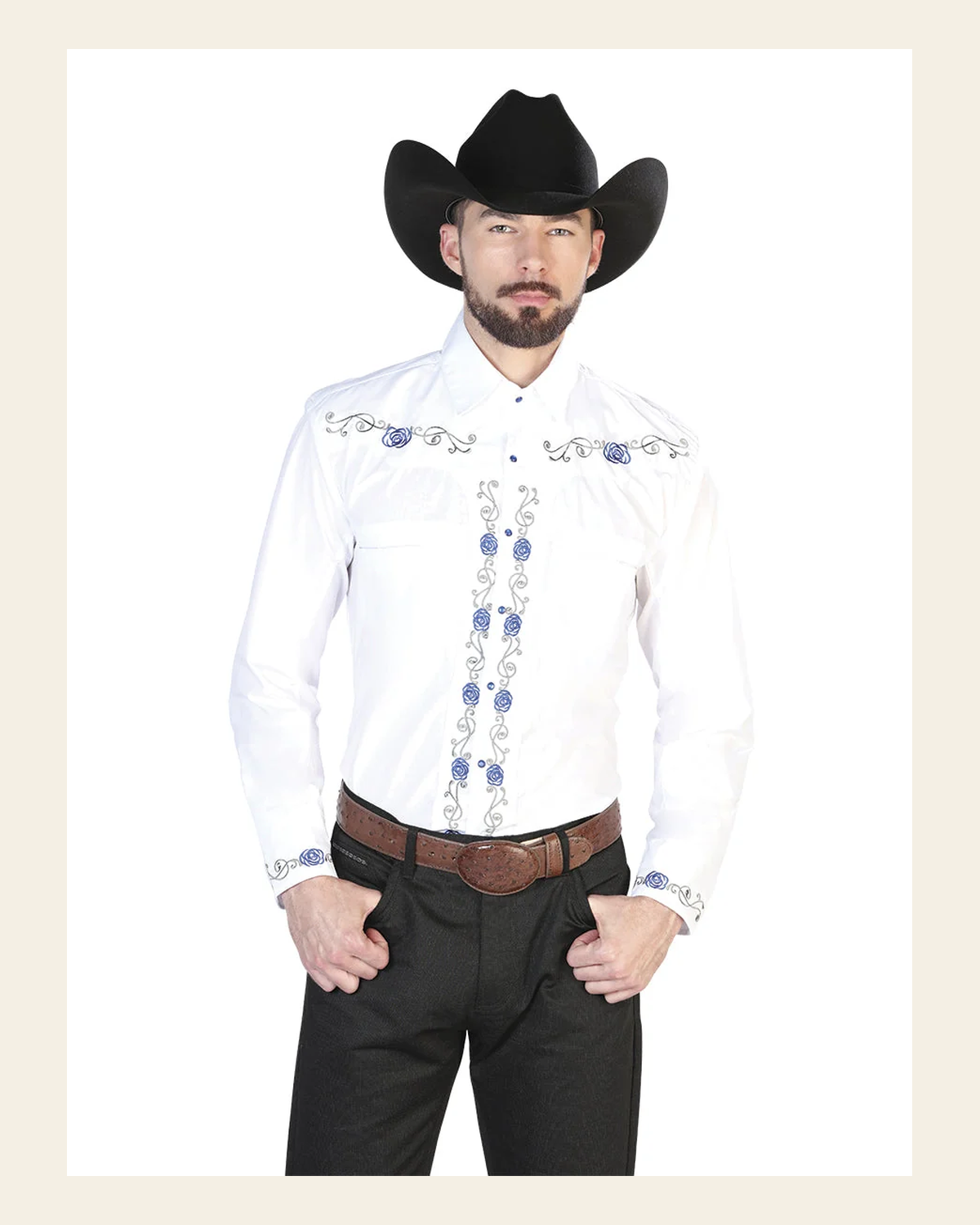 Men's Traditional Embroidered Western Shirt White/Blue 42938 on a warm cream background
