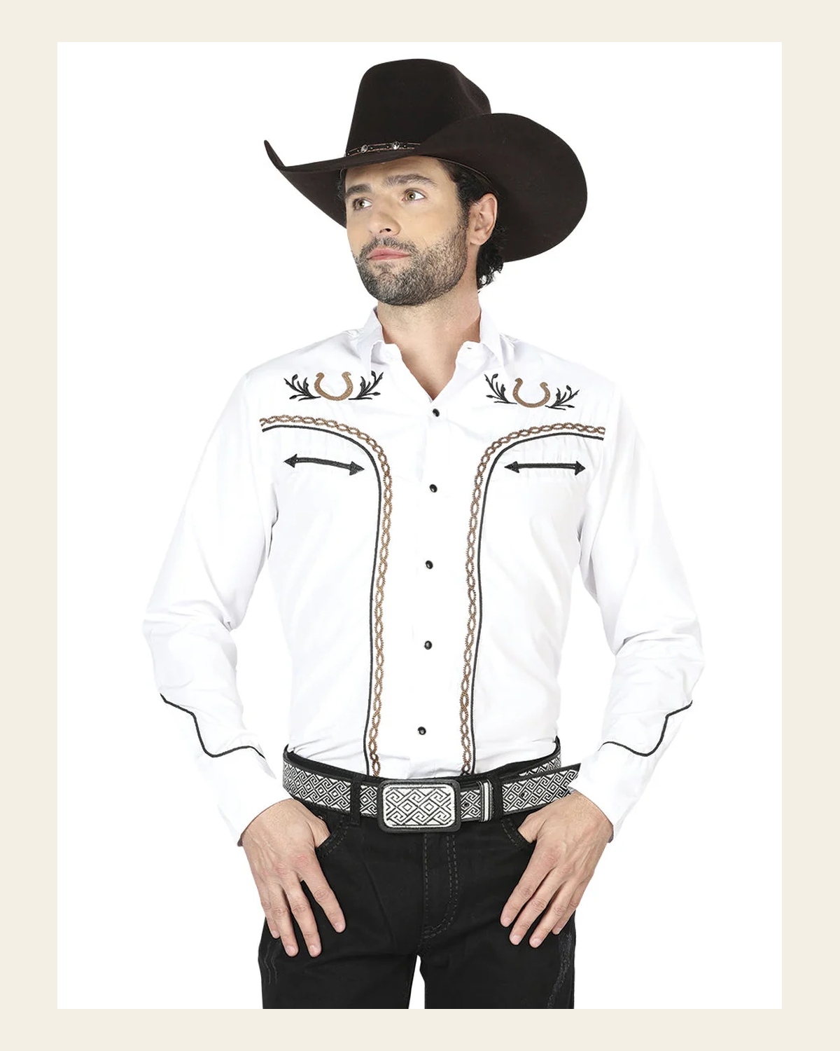 El General Men's Traditional Embroidered Western Charro Shirt White/Gold 43296 on a warm cream background
