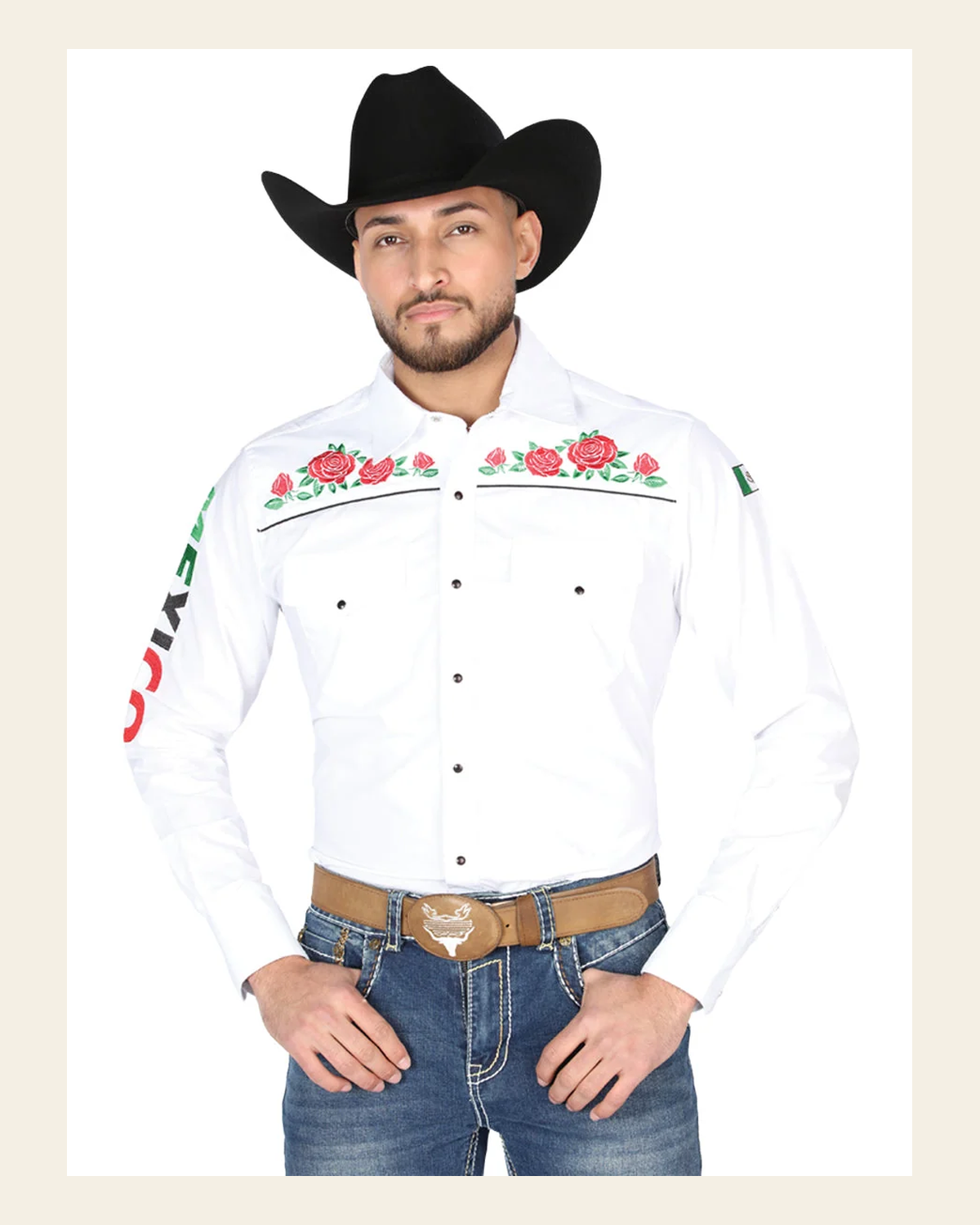 El General Men's Traditional Embroidered Western Charro Shirt White/Roses 44294 on a warm cream background