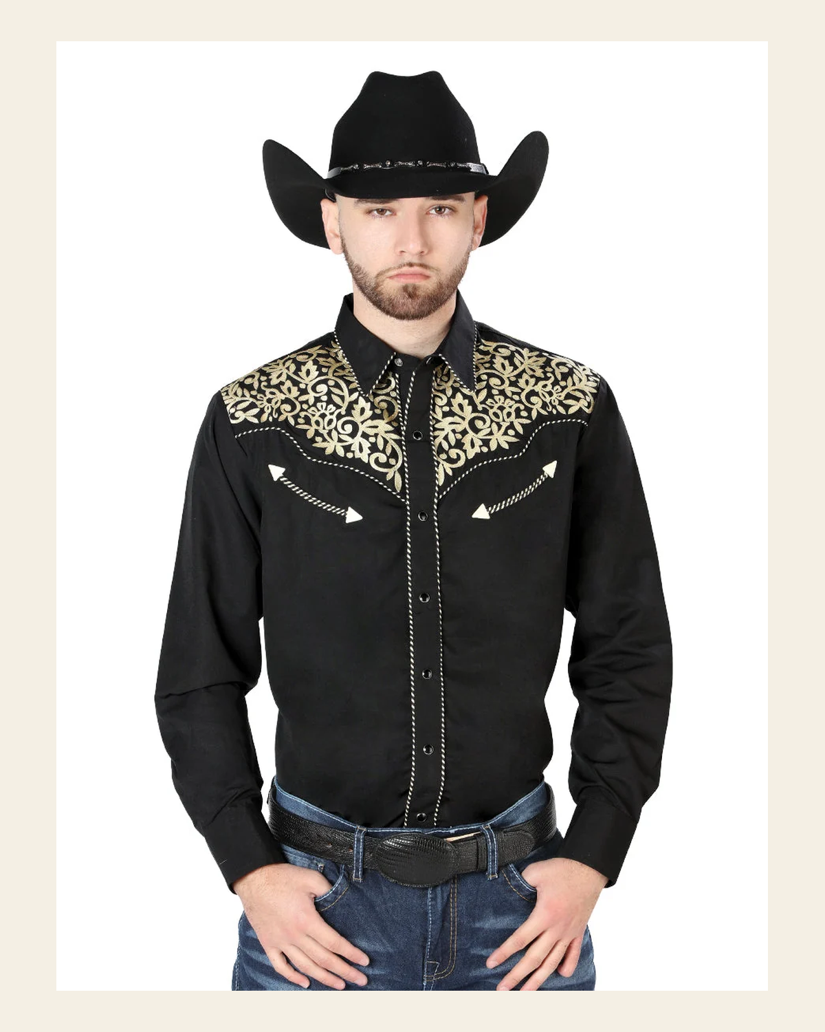 Men's Traditional Embroidered Western Shirt Black/Gold 44192 on a warm cream background