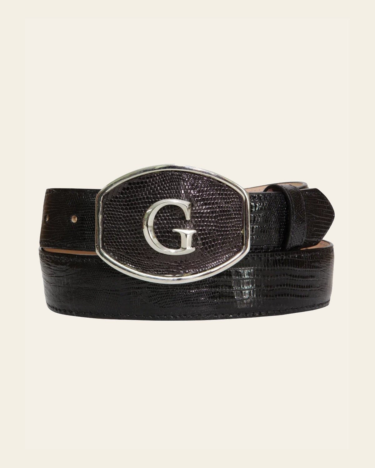 El General Exotic Lizard Leather Cowboy Belt - Black 45299 on a warm cream background