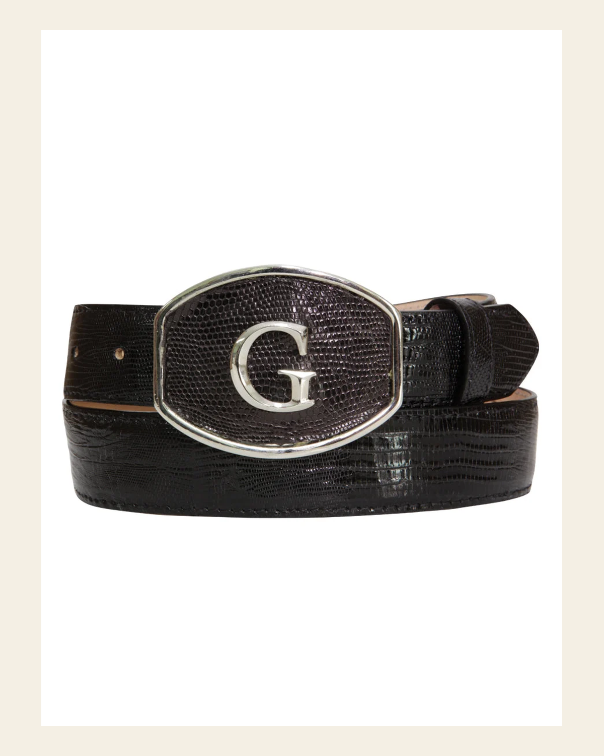 El General Exotic Lizard Leather Cowboy Belt - Black 45299 on a warm cream background