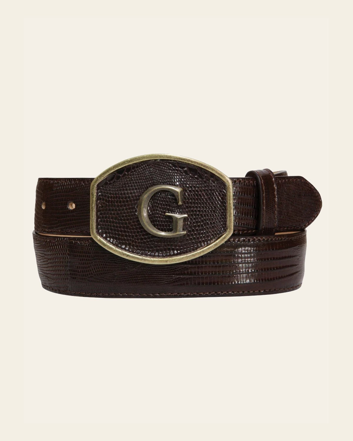 El General Exotic Lizard Leather Cowboy Belt - Brown 45302 on a warm cream background