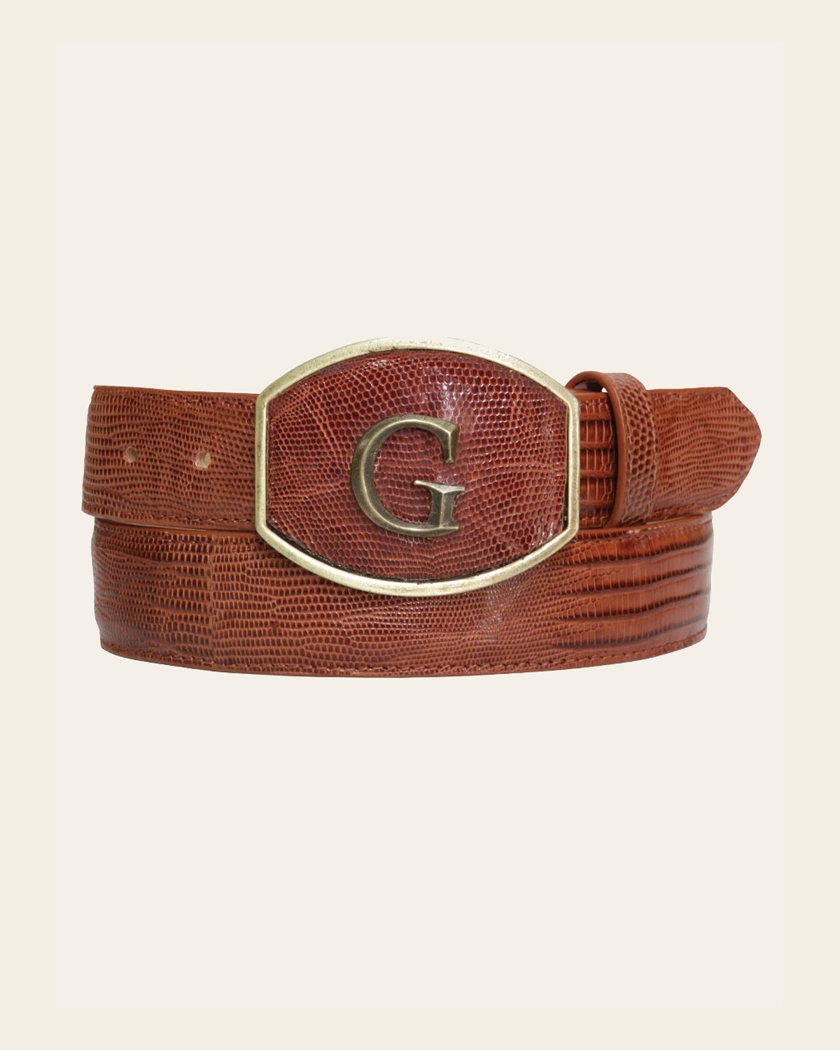 El General Men’s Exotic Genuine Lizard Western Cowboy Belt - Cognac 45298 on a warm cream background