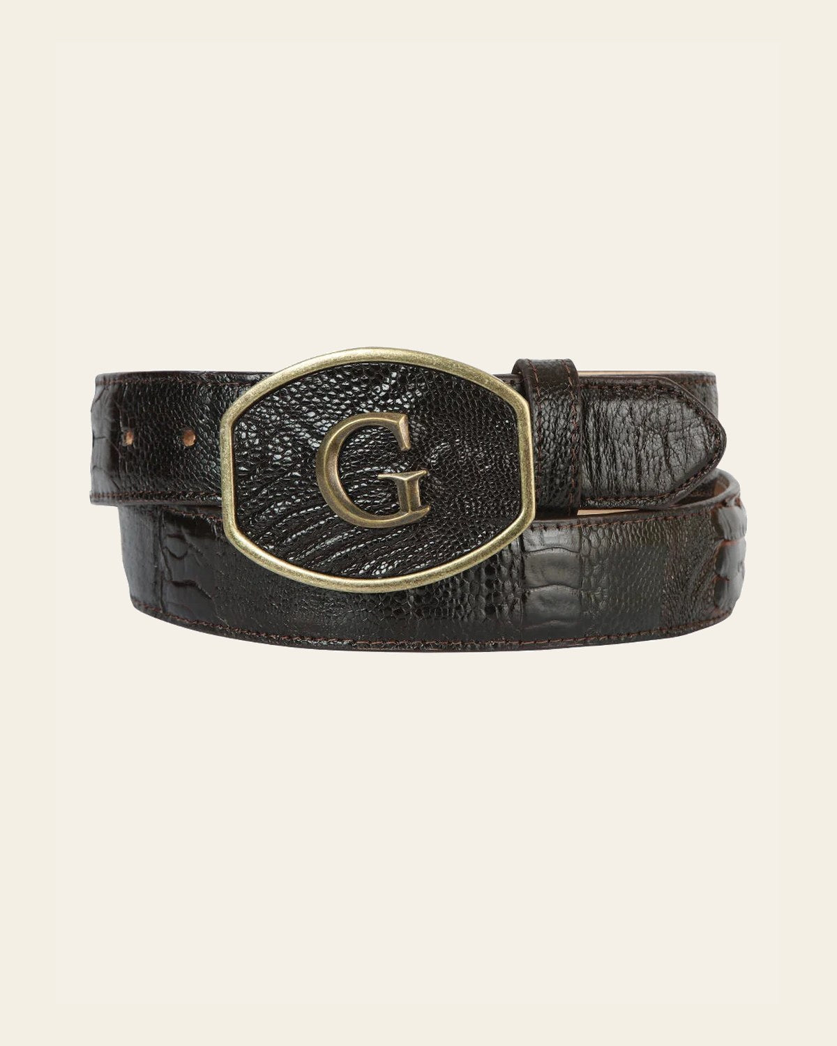 El General Exotic Ostrich Leg Western Belt - Brown 45301 on a warm cream background