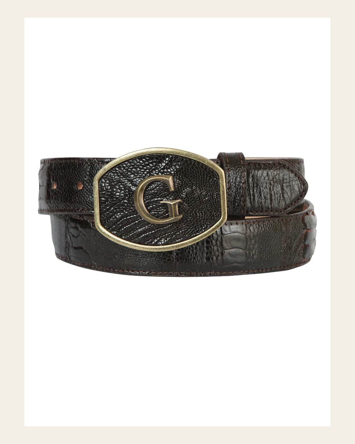 El General Exotic Ostrich Leg Western Belt - Brown 45301 on a warm cream background