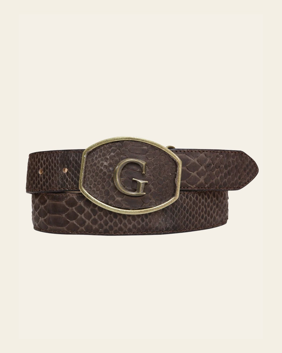 El General Exotic Python Leather Cowboy Belt - Brown 45303 on a warm cream background