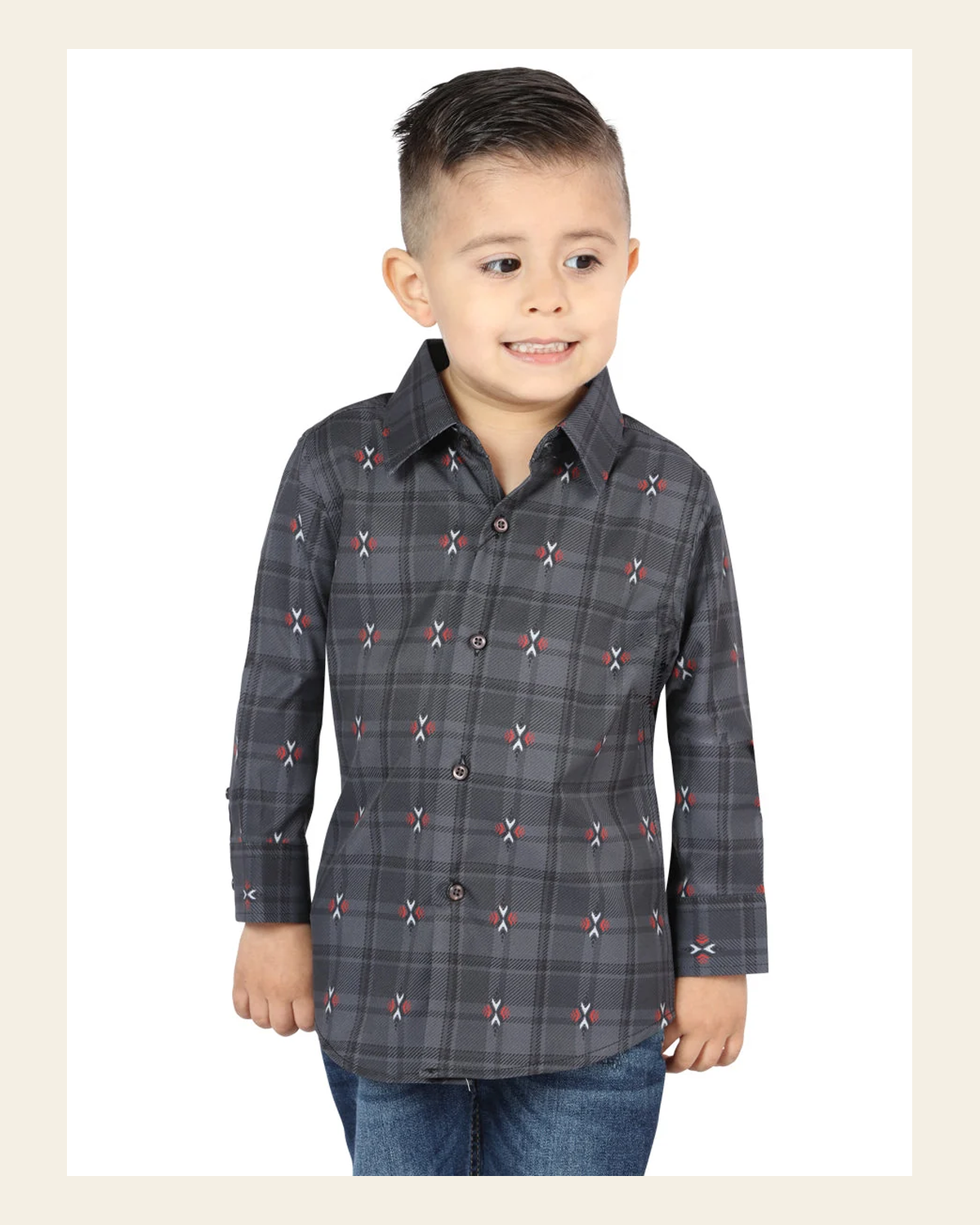 El General Gray/Brown Casual Long-Sleeve Shirt 44742 on a warm cream background