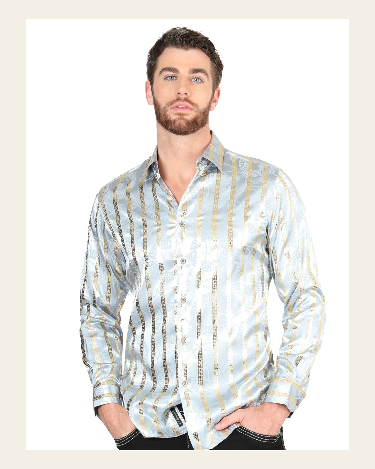 El General Grey/Gold Casual Long-Sleeve Shirt 44578 on a warm cream background