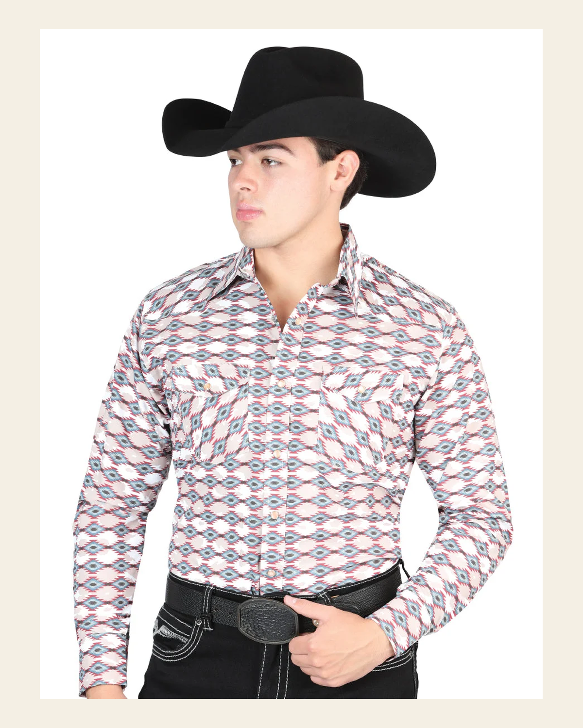 El General Men's Long Sleeve Western Fashion Snap Button Shirt - Khaki44317 on a warm cream background