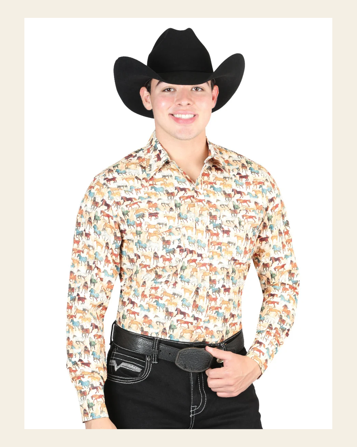 El General Men's Long Sleeve Western Fashion Snap Button Shirt - Khaki 44324 on a warm cream background
