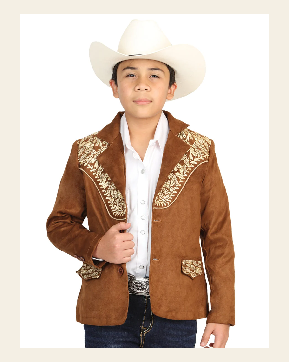 El General Kids’ Suede Western Embroidered Blazer - Tan 45658 on a warm cream background
