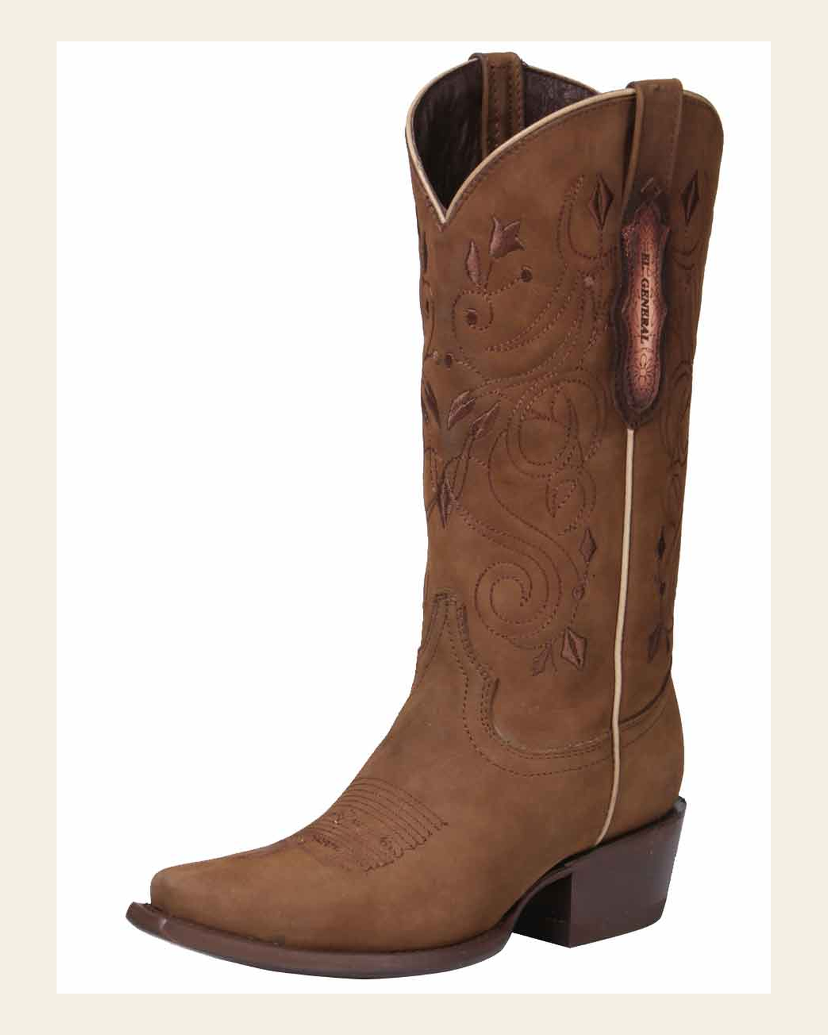 El General Women’s Leather Cowgirl Boots - Made in Mexico - Nubuck Camel 34513 on a warm cream background