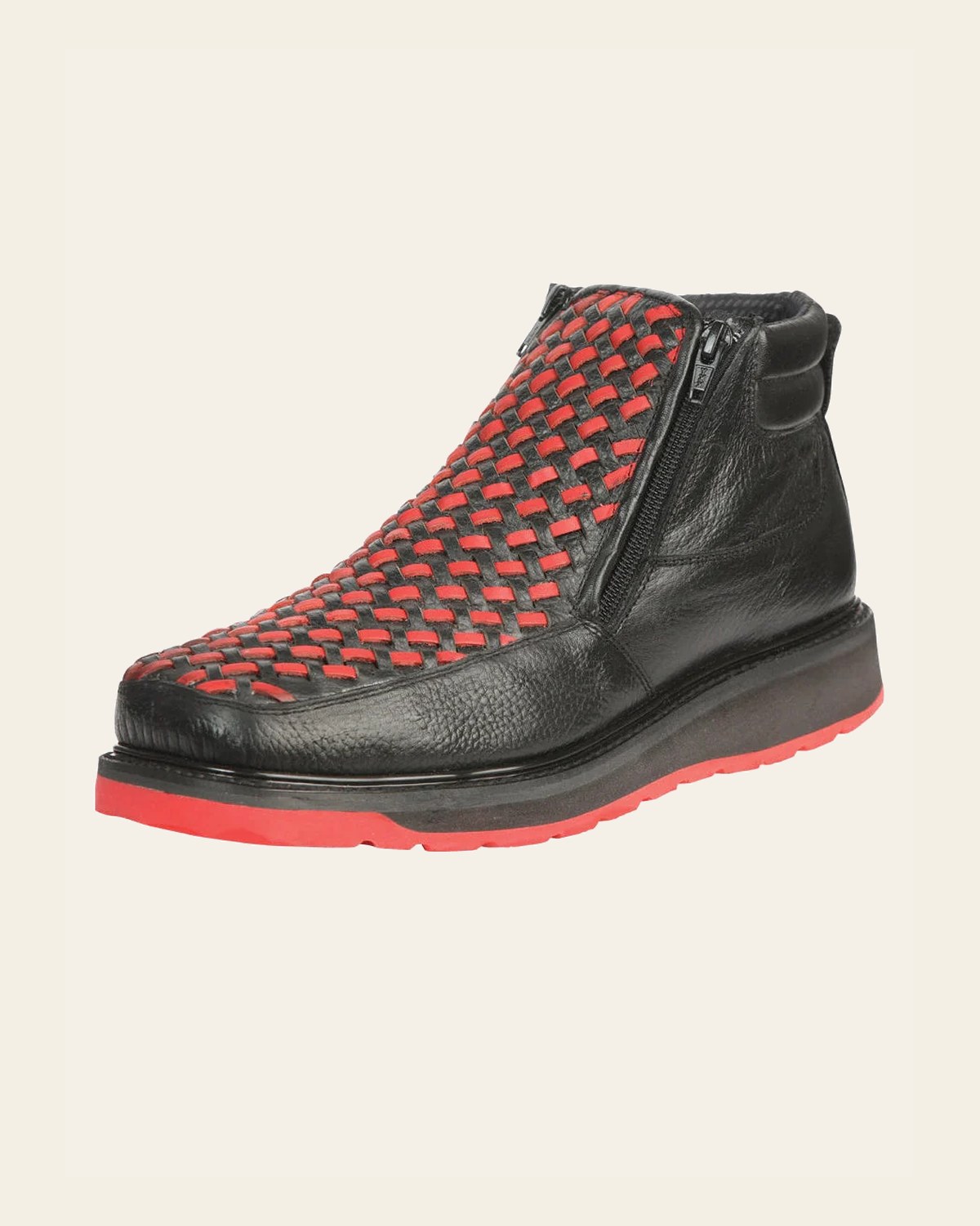 El General Men’s Ankle Boots with Zipper - Black/Red Petatillo Leather 45402 on a warm cream background