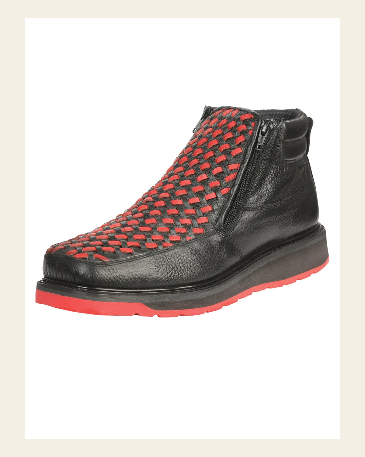 El General Men’s Ankle Boots with Zipper - Black/Red Petatillo Leather 45402 on a warm cream background