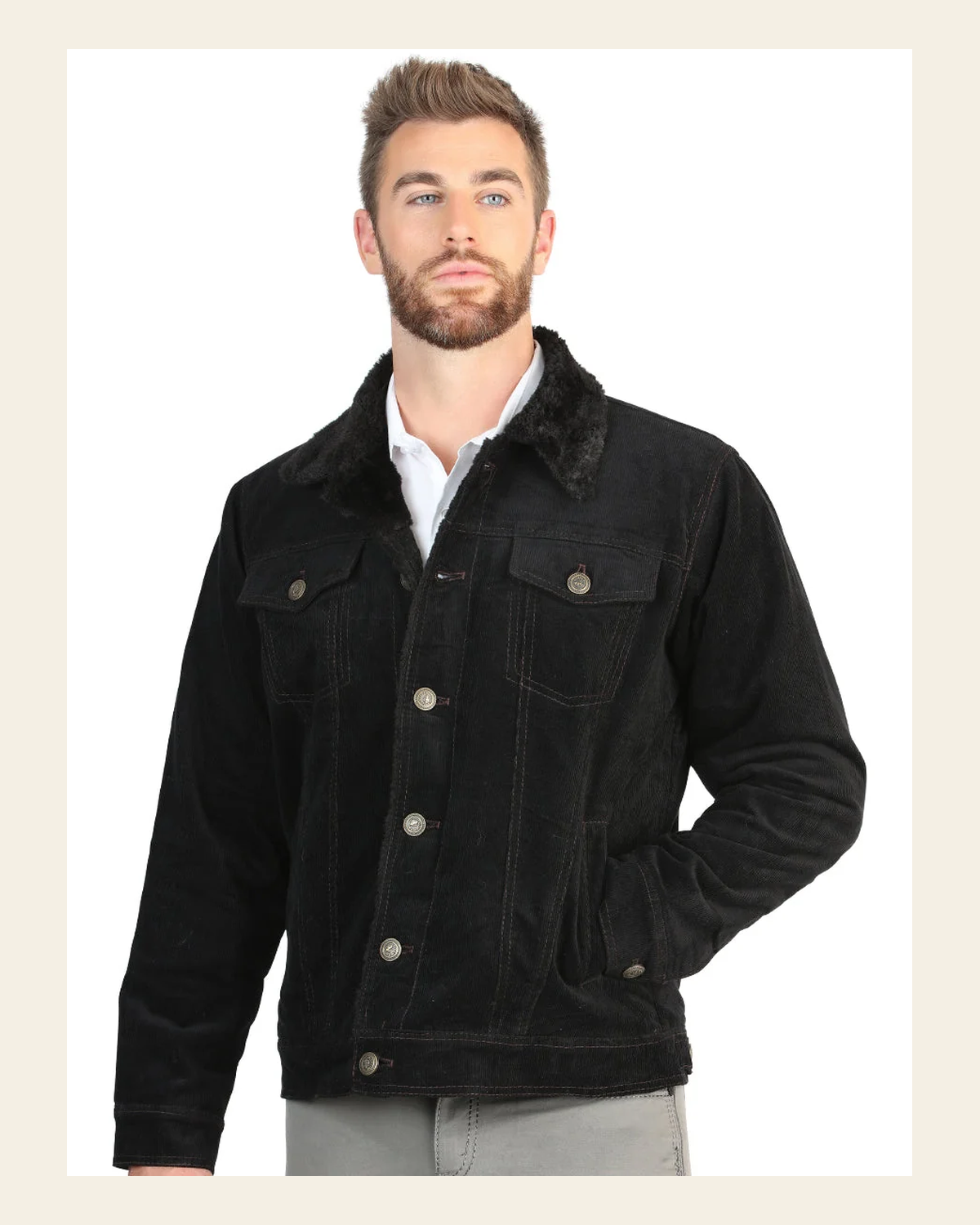 El General Men’s Black Corduroy Sherpa-Lined Jacket 45631 on a warm cream background