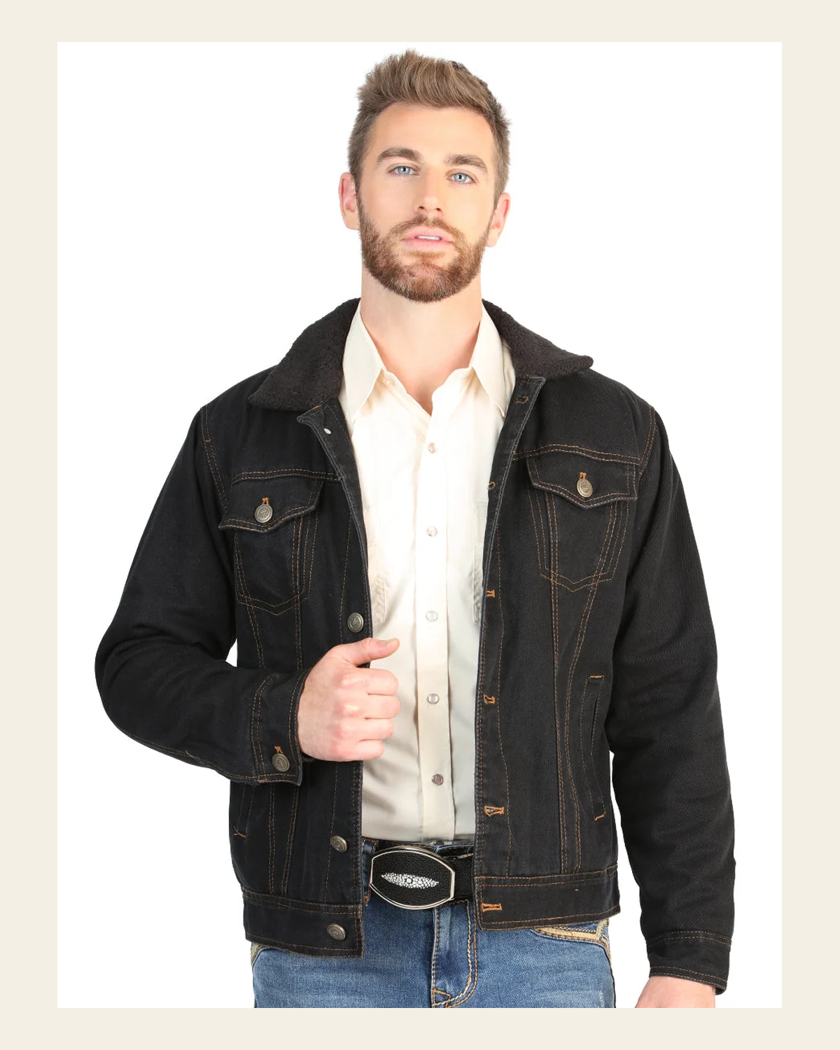 El General Men’s Black Denim Sherpa-Lined Jacket 45641 on a warm cream background