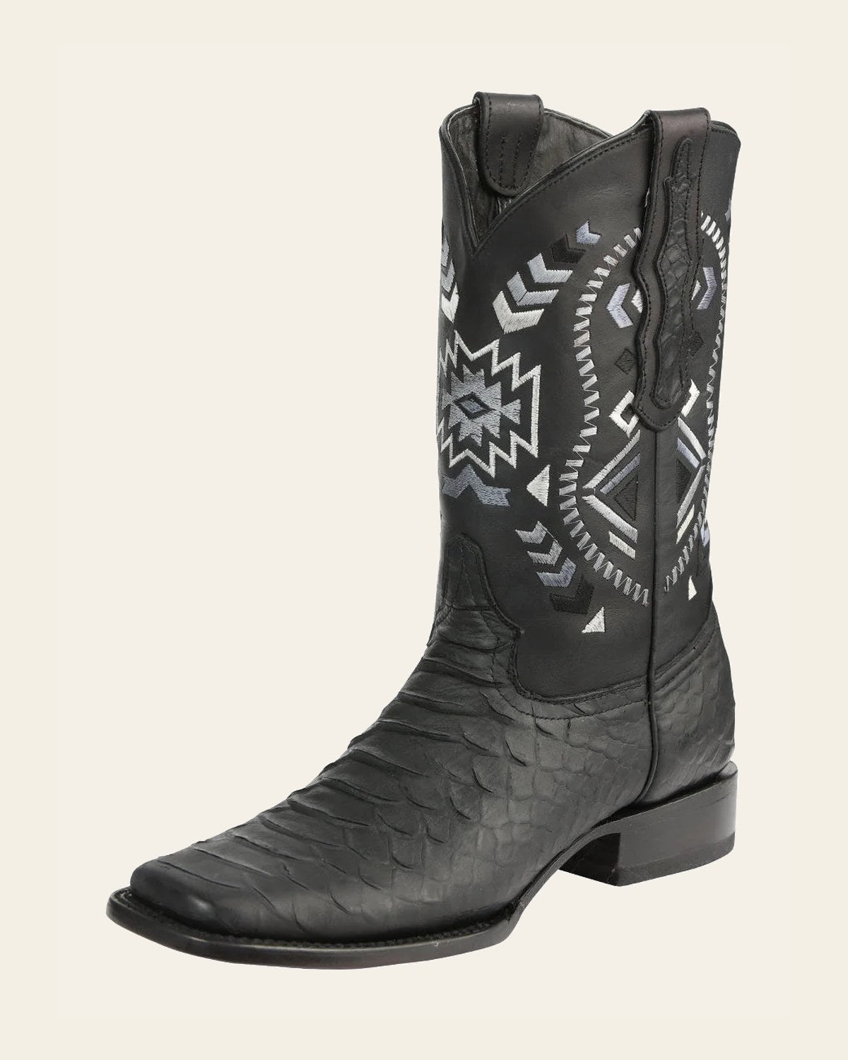 El General Men’s Black Python Imitation Rodeo Boots 45398 on a warm cream background