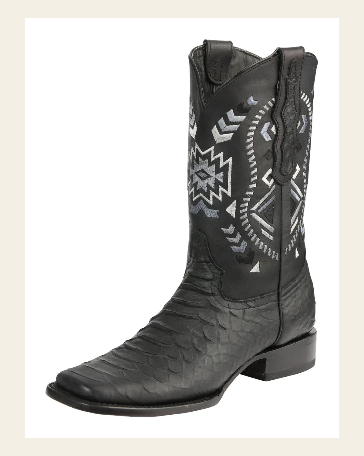 El General Men’s Black Python Imitation Rodeo Boots 45398 on a warm cream background