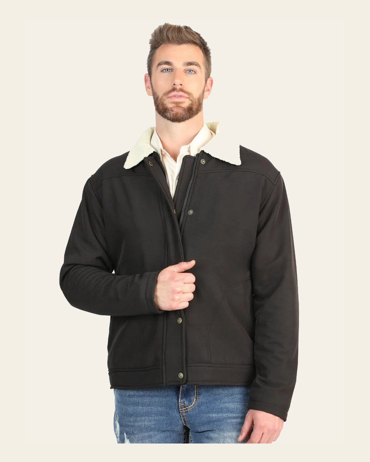 El General Men’s Black Sherpa-Lined Jacket 45642 on a warm cream background