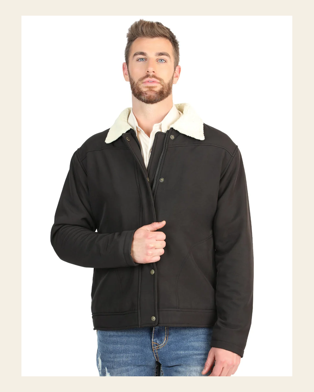 El General Men’s Black Sherpa-Lined Jacket 45642 on a warm cream background