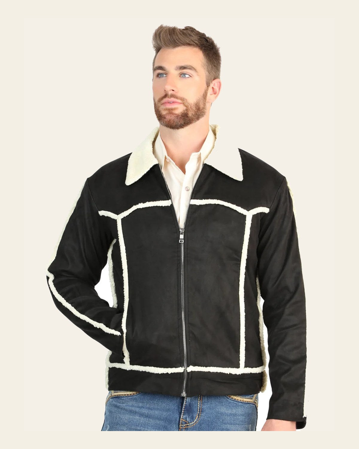 El General Men’s Black Suede Sherpa-Lined Jacket 45633 on a warm cream background