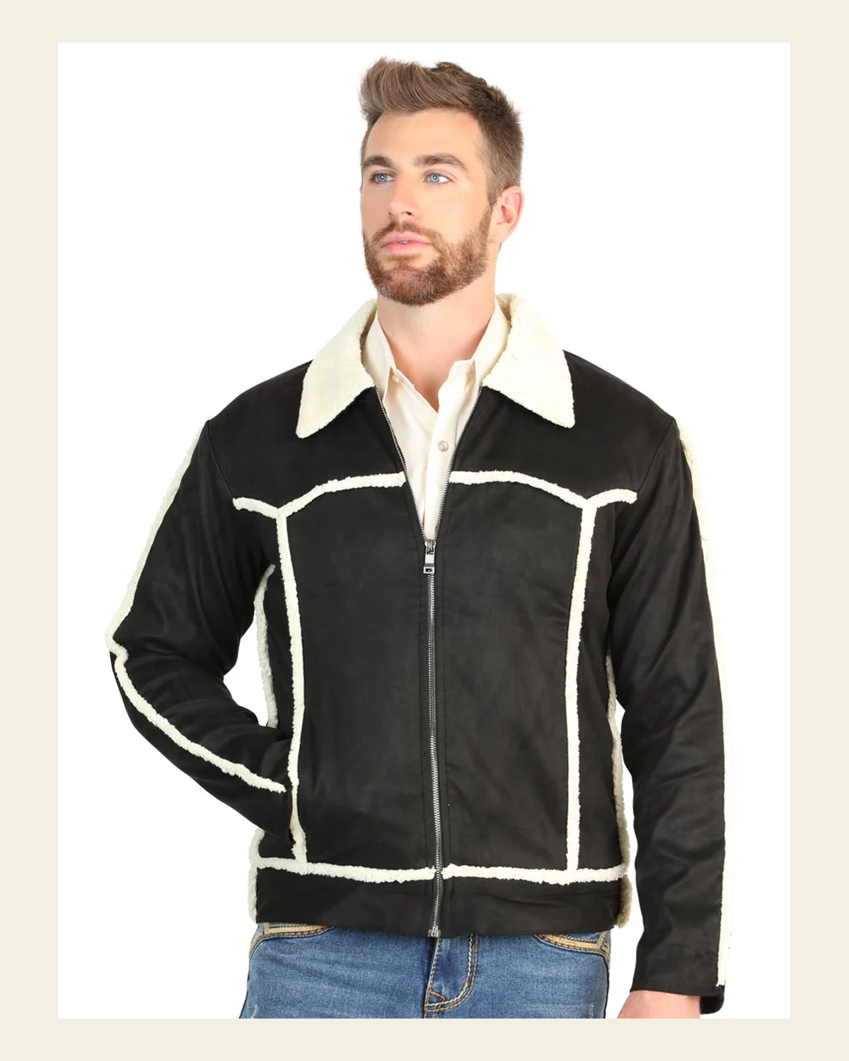 El General Men’s Black Suede Sherpa-Lined Jacket 45633 on a warm cream background