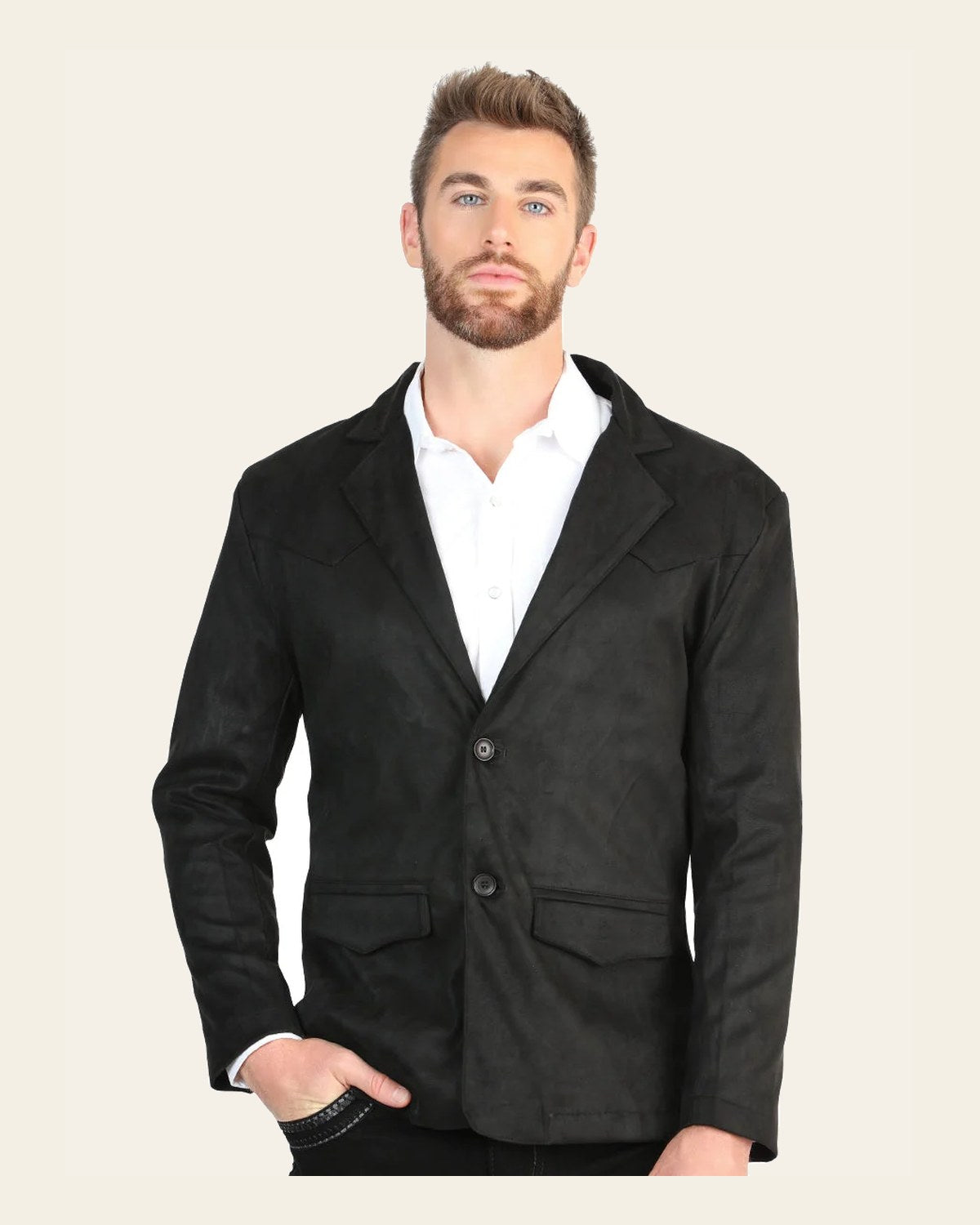 El General Men’s Black Suede Western Blazer 45635 on a warm cream background
