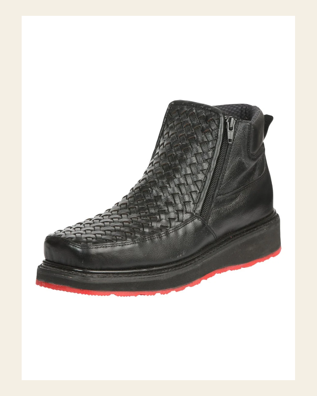 El General Men’s Black Woven Ankle Boots with Zipper 45183 on a warm cream background