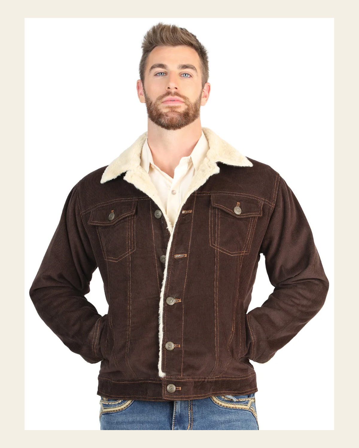 El General Men’s Brown Corduroy Sherpa-Lined Jacket 45632 on a warm cream background