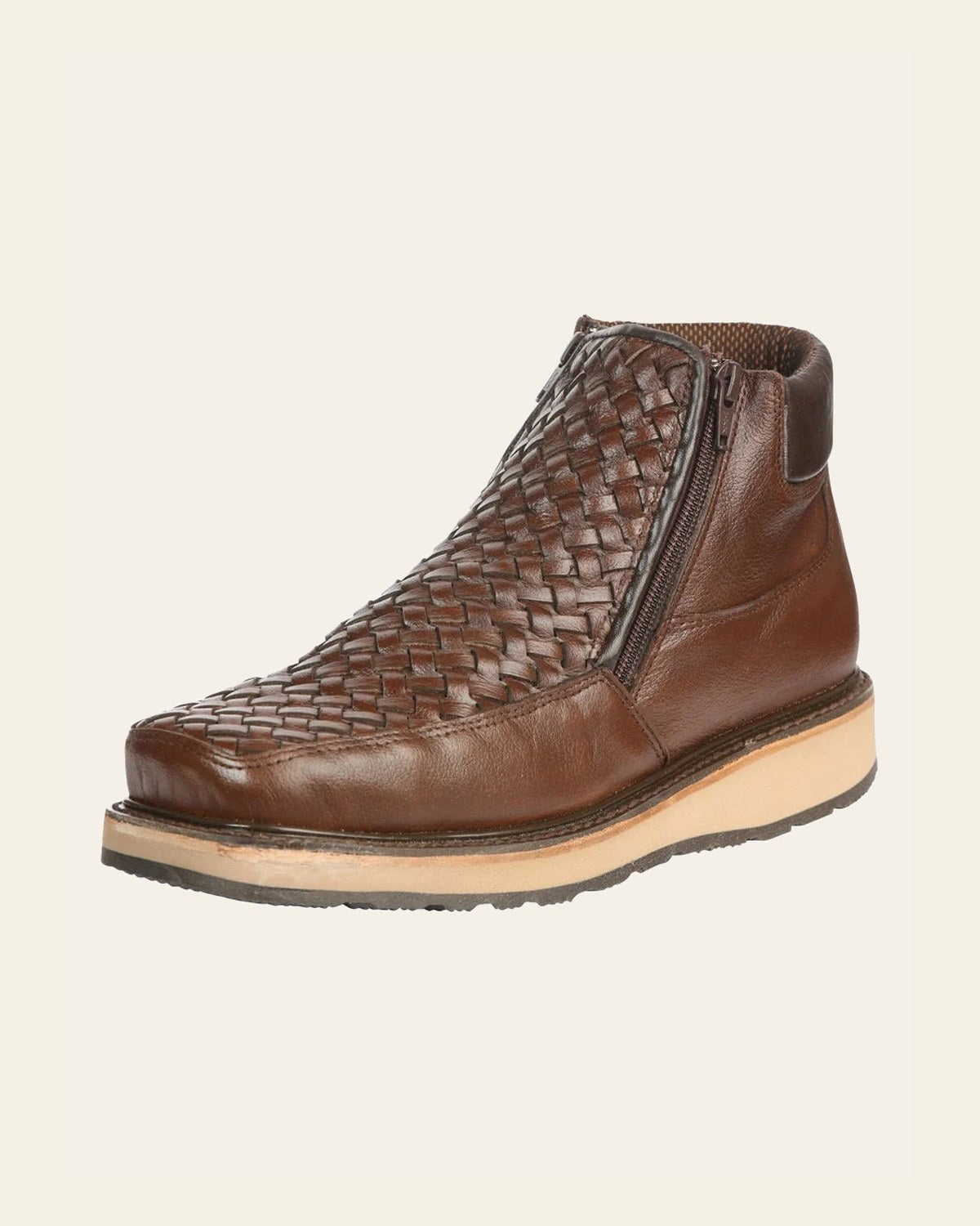 El General Men’s Brown Woven Ankle Boots with Zipper 45184 on a warm cream background