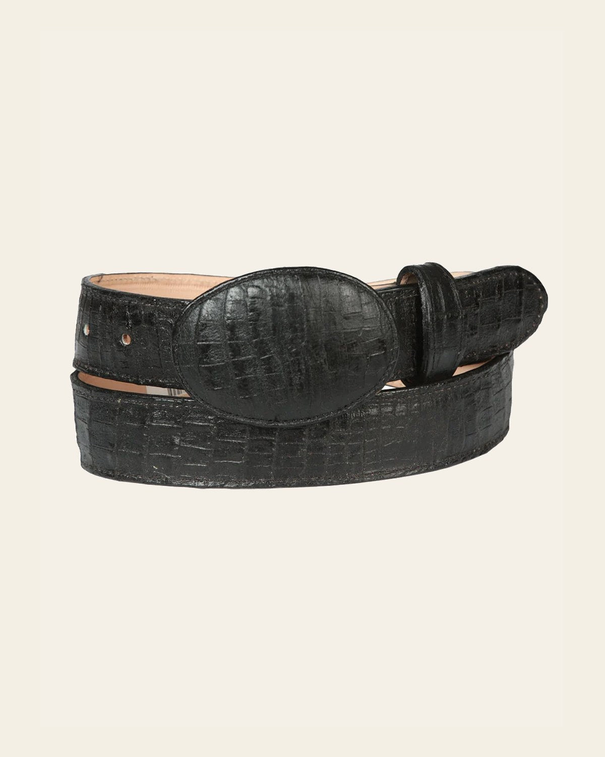El General Men’s Cowboy Belt Imitation Caiman Belly Leather - Black 44675 on a warm cream background
