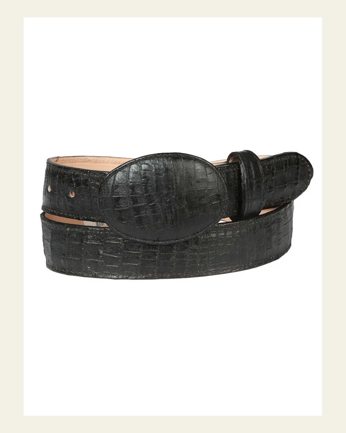 El General Men’s Cowboy Belt Imitation Caiman Belly Leather - Black 44675 on a warm cream background
