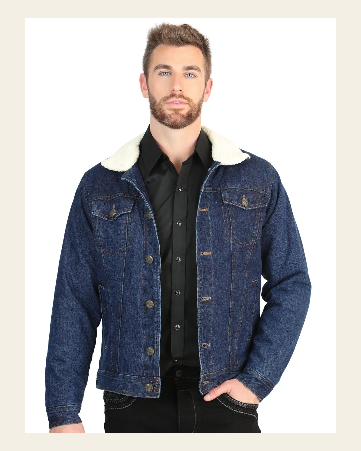 El General Men’s Dark Blue Denim Sherpa-Lined Jacket 45640 on a warm cream background