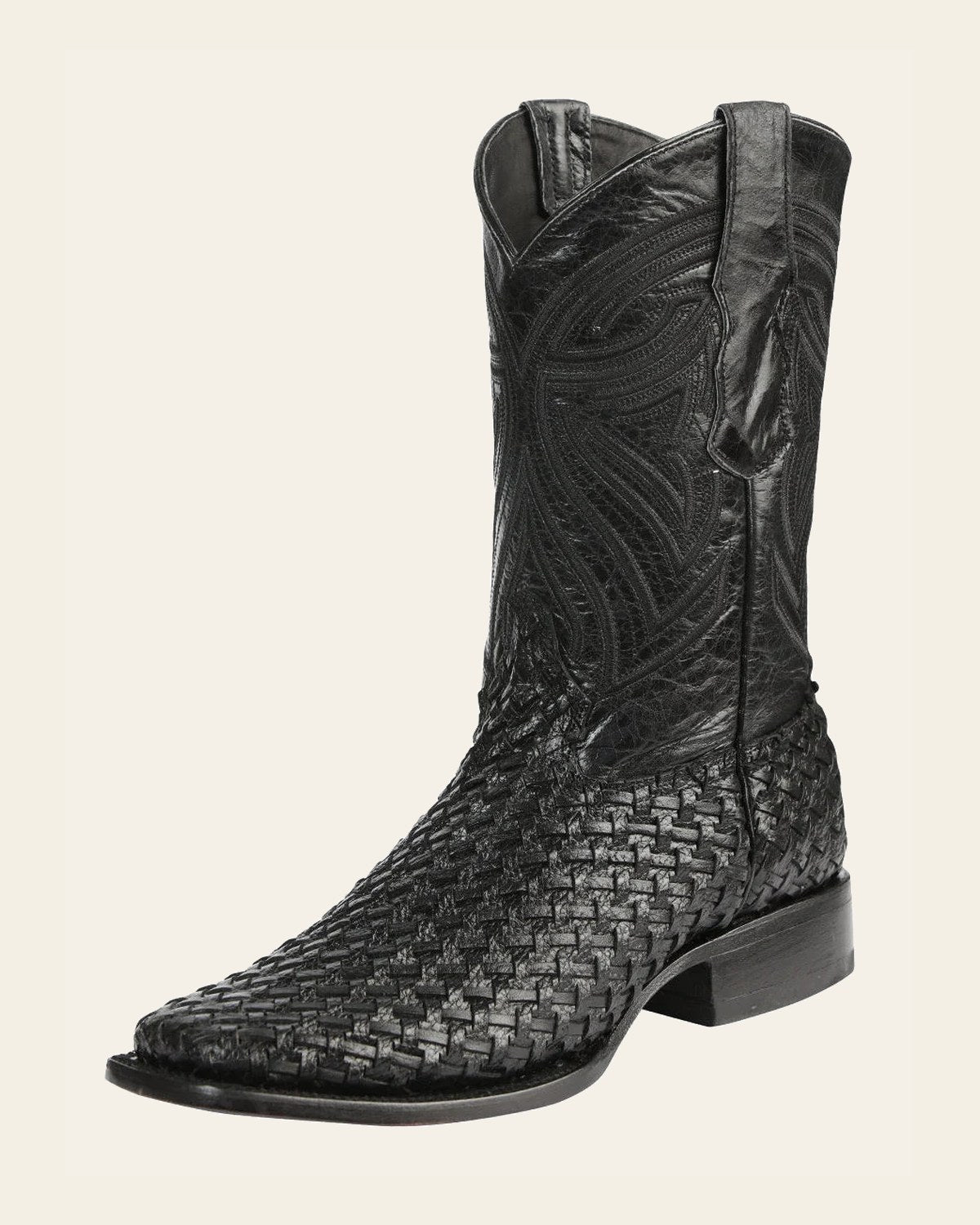 El General Men’s Leather Rodeo Boots Petatillo - Black 45096 on a warm cream background
