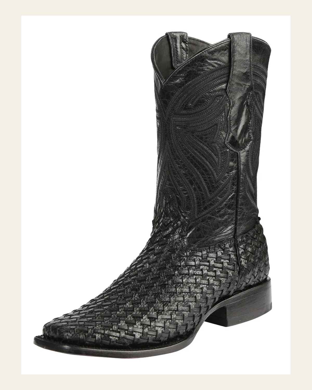 El General Men’s Leather Rodeo Boots Petatillo - Black 45096 on a warm cream background