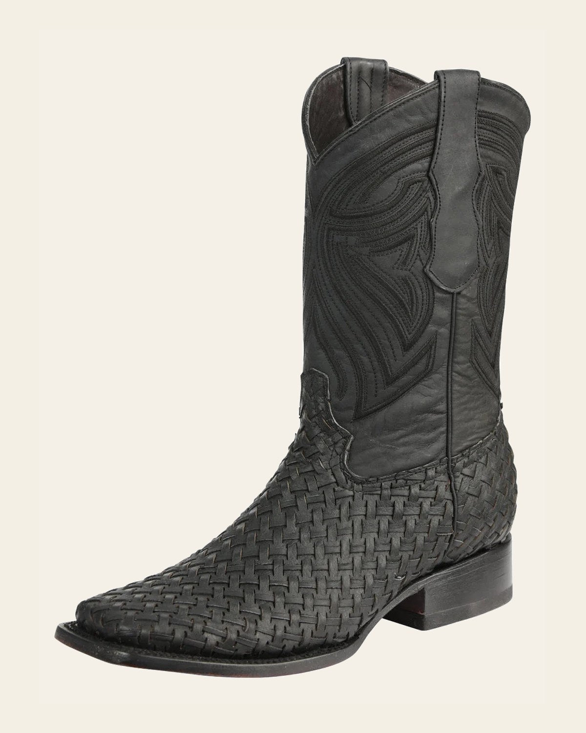 El General Men’s Leather Rodeo Boots Petatillo - Black 45400 on a warm cream background