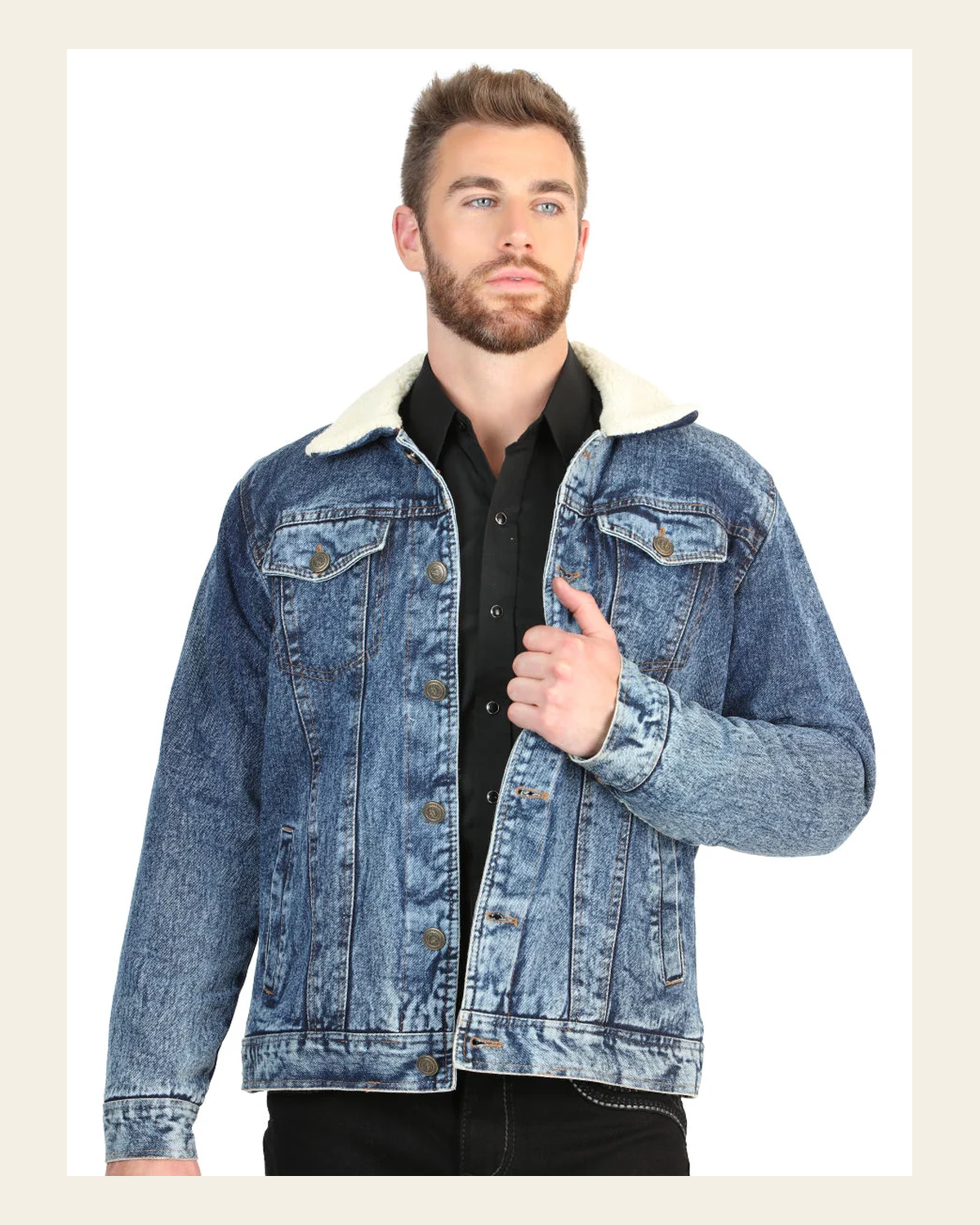 El General Men’s Light Blue Denim Sherpa-Lined Jacket 45639 on a warm cream background